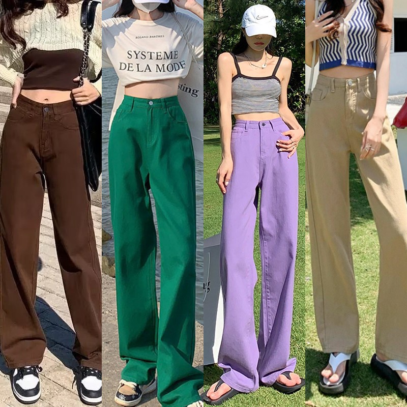 Quần Jean Nữ Lưng Cao, Quần Jean Trơn Màu Phong Cách Hàn Quốc, Quần Denim Ống Rộng 10 Màu