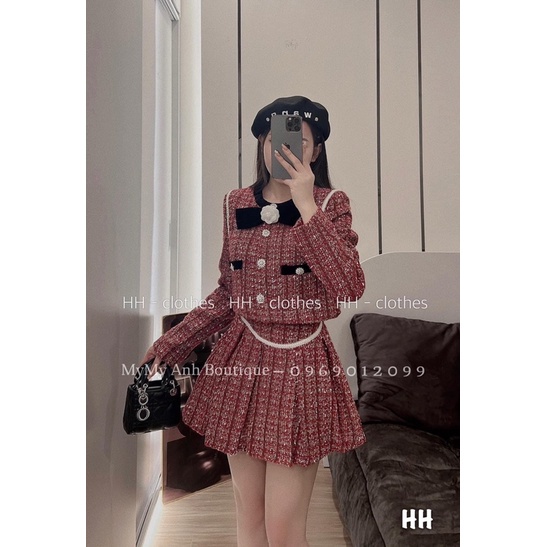 SET DẠ ĐỎ MẬN KIM TUYẾN ĐÍNH NƠ MIX CHÂN VÁY XOÈ VIỀN NGỌC lương su shop