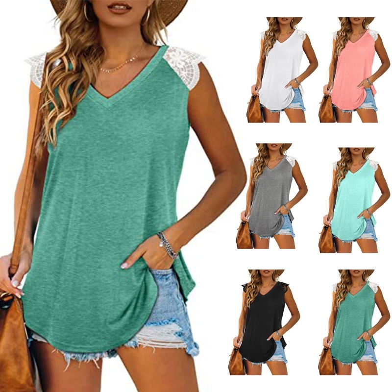 Áo Thun Tay Ngắn Cổ Chữ V Phối Ren Thời Trang Mùa Hè Cho Nữ