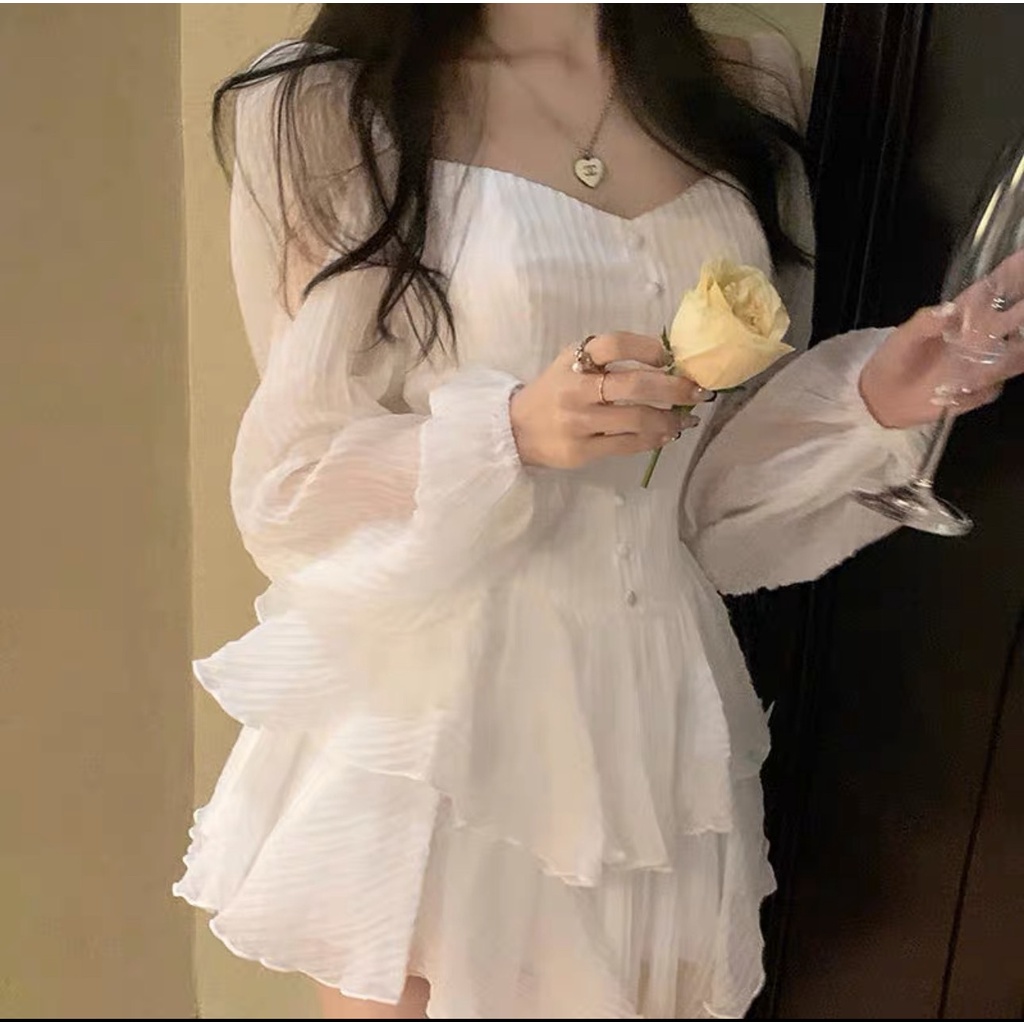 Đầm váy nữ xếp tầng tay phồng tiểu thư có lớp lót bên trong vải tơ sóng nhẹ nhàng V14 | BigBuy360 - bigbuy360.vn