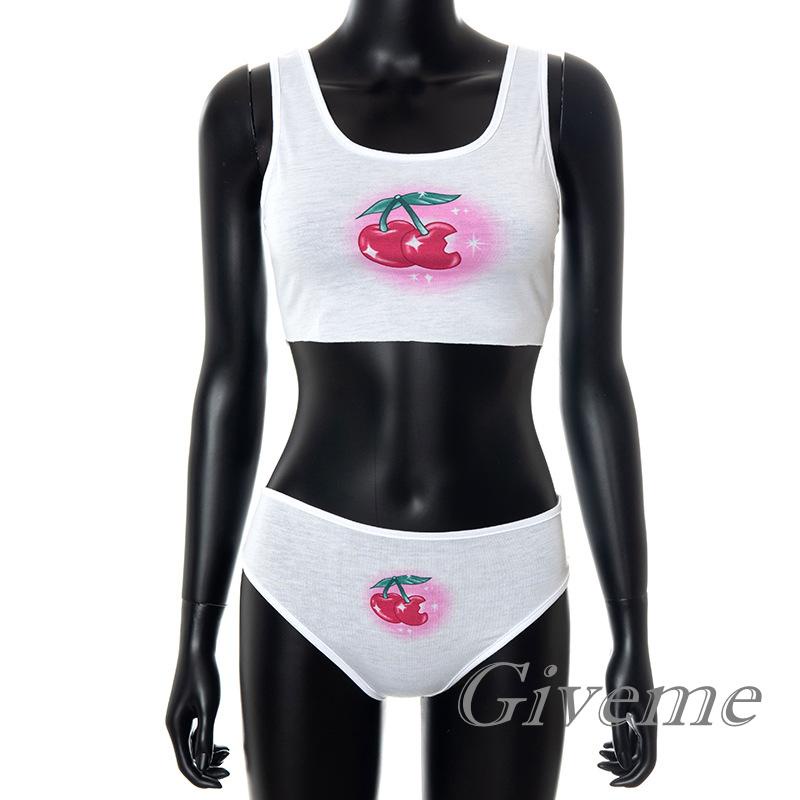 Bộ 2 Món Áo Croptop Sát Nách Cổ Chữ U In Họa Tiết Cherry + Quần Lót Thời Trang Cho Nữ