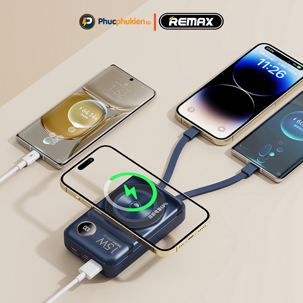 Sạc dự phòng không dây 10000mah chính hãng Remax RPP 65 hỗ trợ sạc không dây 15w và sạc nhanh 2 chiều 20w Phúc Phụ Kiện