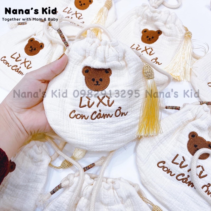 Túi lì xì túi đeo chéo chất vải bông thêu phong cách Hàn Quốc dễ thương cho bé Nana's Kid