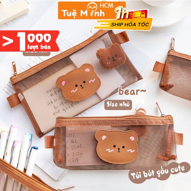 Túi bút hình gấu dễ thương vải lưới K36  - bóp viết hộp đựng bút cute