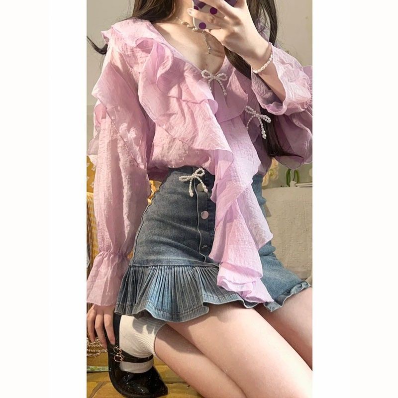 (ORDER) Set nữ tiểu thư áo kiểu mỏng viền bèo màu tím baby + chân váy ngắn mini skirt vạt chéo dập ly