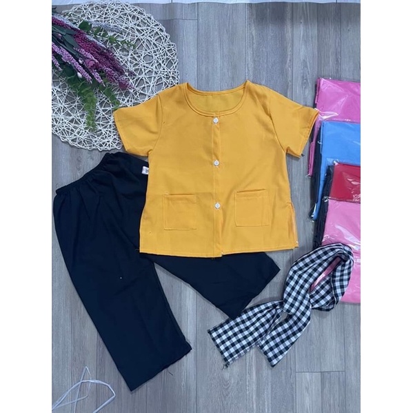 Bộ bà ba lụa kèm khăn rằn cho bé 5-24kg