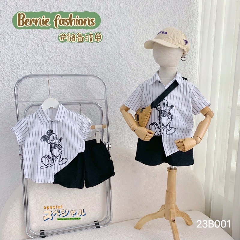 Bộ sơmi bé trai Bernie kẻ hoạ tiết Micky chất thô cho bé từ 8-22kg-23B001