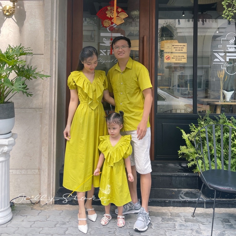 Set Gia Đình cổ bèo xanh bơ, thắt nơ sau, chun eo xinh xắn, kèm ảnh thật