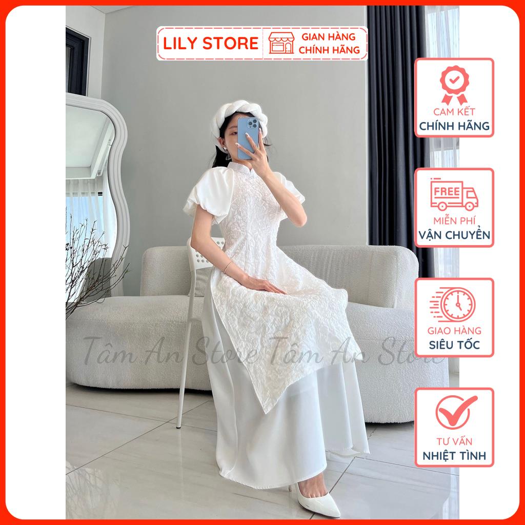 Bộ Áo Dài Gấm Trắng LILY STORE, Áo Dài Cách Tân Nữ Tay Bồng Kèm Chân Váy Xòe Hàng Thiết Kế Đủ Size.