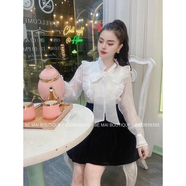 Áo sơ mi dài tay buộc nơ tay bồng cổ tròn, áo sơ mi bèo