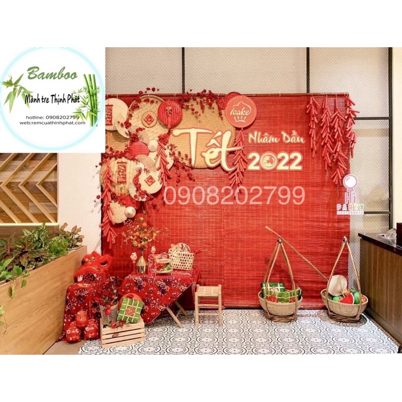 Mành tre trúc trang trí Têt sơn đỏ 1.6mx2m Siêu Xinh. Phông nền mành tre trúc trang trí Tết giá rẻ.