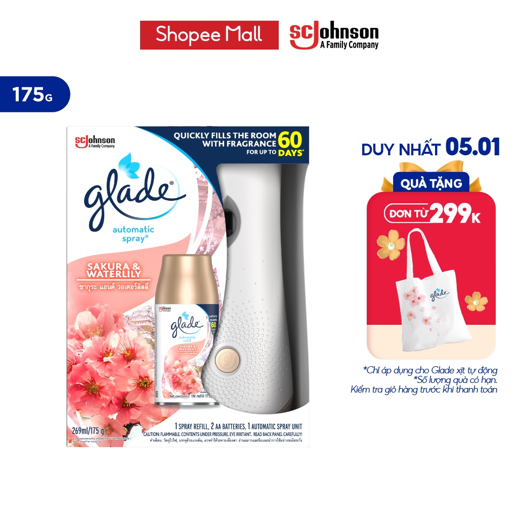 GLADE Bộ Máy & Lõi Xịt thơm phòng tự động Hương Hoa Anh Đào Lily 175g