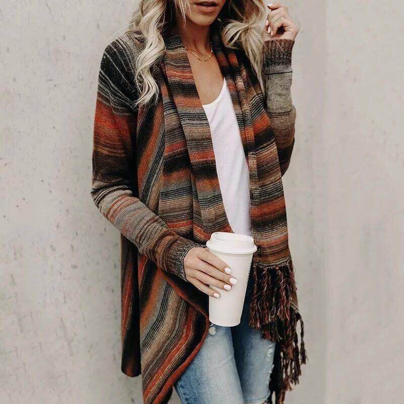 Áo Khoác Sweater Dệt Kim Phối Tua Rua Thời Trang Thu Đông Cho Nữ