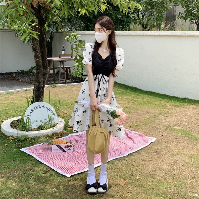 Đầm Hoa Cổ Vuông Dáng Chữ A Thời Trang Mùa Hè 2023 Phong Cách Pháp Cổ Điển Ngọt Ngào