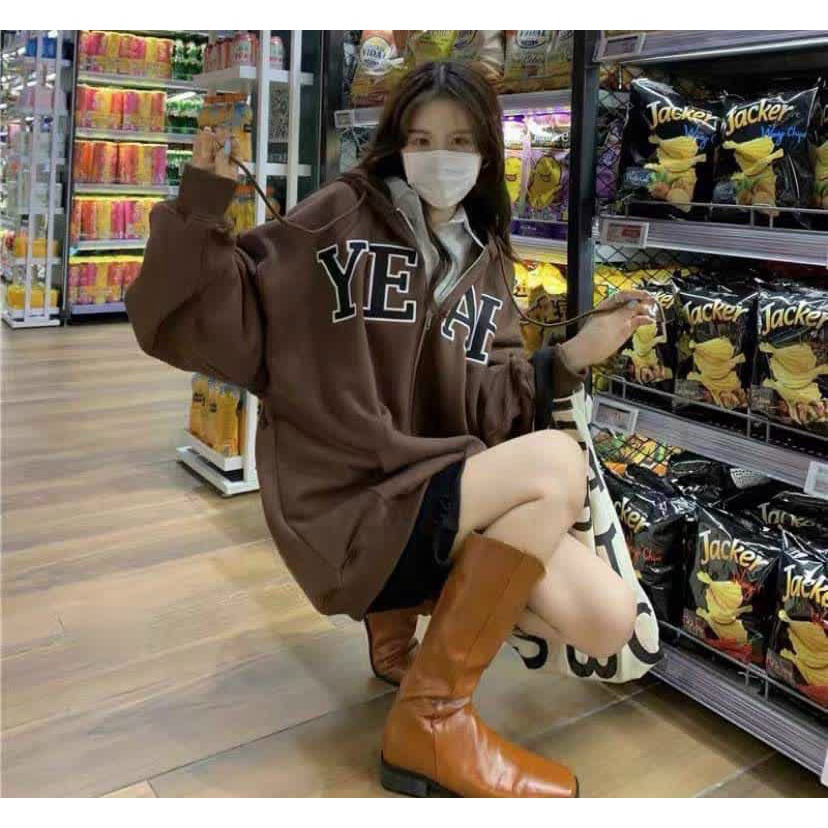 Áo khoác nỉ dây kéo in chữ màu NÂU hot hit Ulzzang unisex