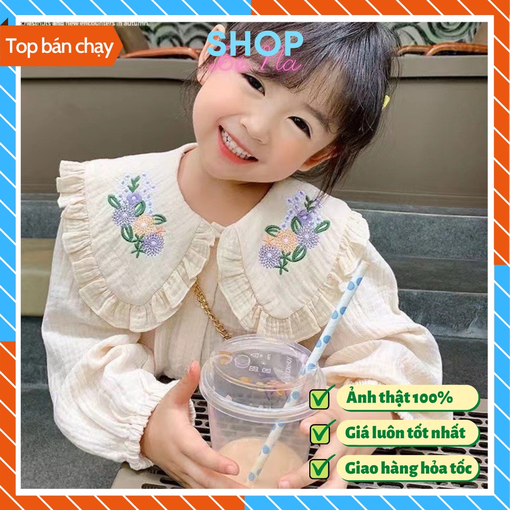 Áo sơ mi tay dài, quần áo bé gái, áo cổ lá sen tay may phồng điệu đà và nữ tính cho các bé gái hàng chuẩn loại 1