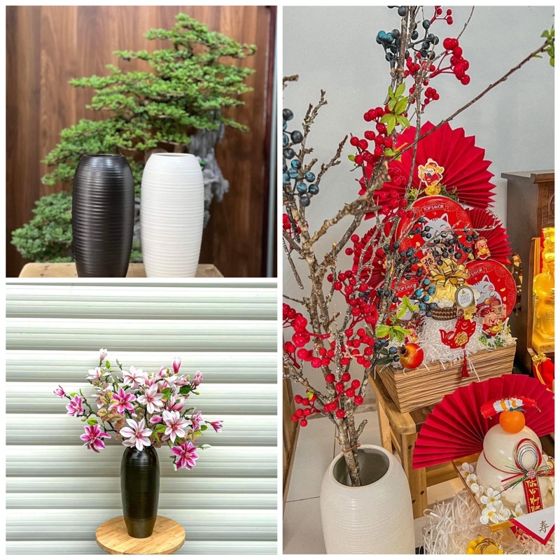 Bom trắng, đen trơn men mát, lên hoa cực sang, bình dáng ống khói, bình bom gốm Bát Tràng-Bình hoa, lọ hoa gốm Bát Tràng