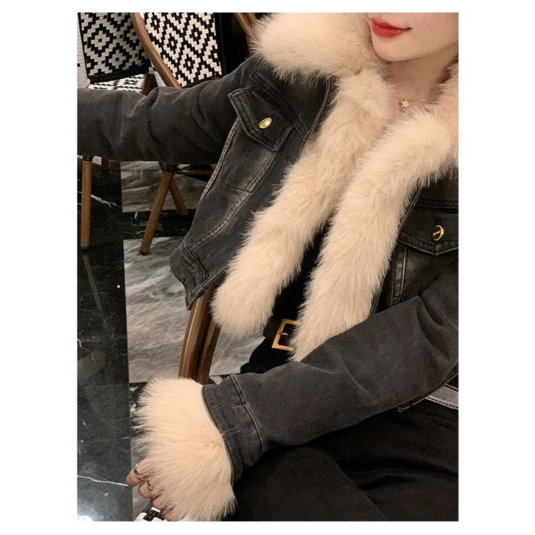 Áo Khoác Denim Ngắn Dáng Ôm Phối Lông Thời Trang Mùa Đông Hàn Quốc 2022