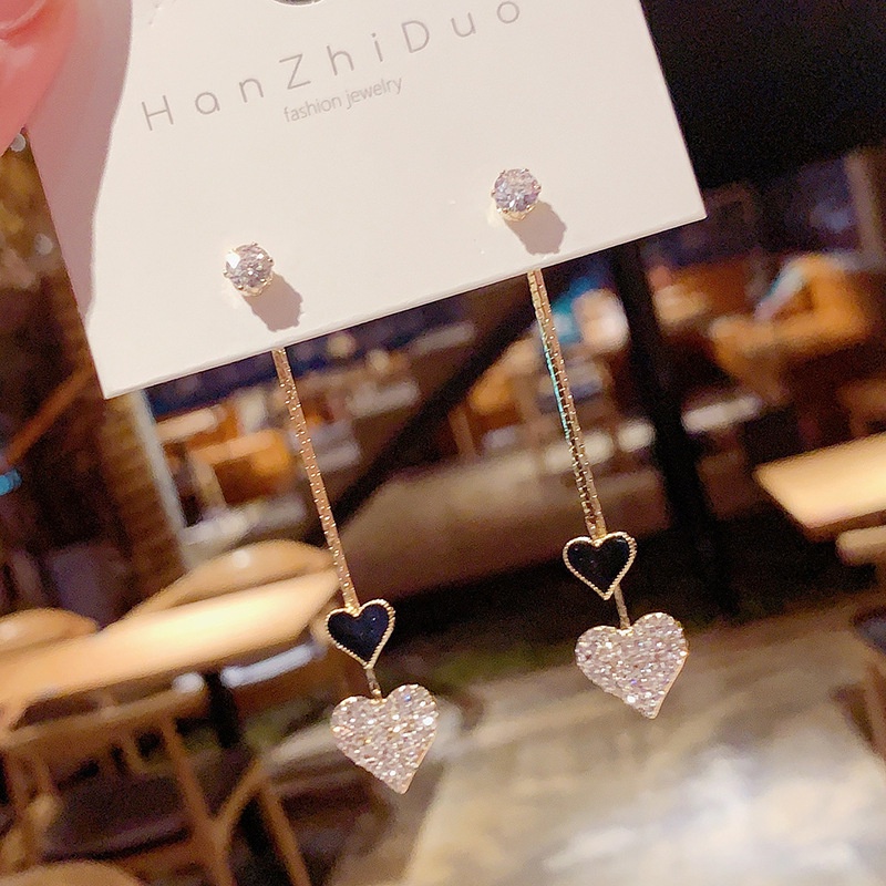 Bông Tai Dáng Dài Mặt Hình Trái Tim Đính Đá Phối Tua Rua Lưng Thời Trang Dự Tiệc Cưới