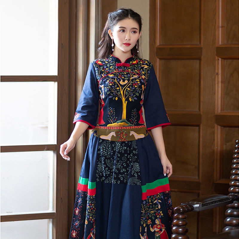 Bộ Áo Cotton Lanh Cổ Đứng + Chân Váy Phong Cách Dân Tộc Thời Trang Mùa Thu Dành Cho Nữ