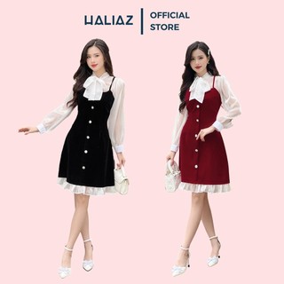 Váy, đầm thiết kế chất nhung mịn, phối tay tơ có thắt nơ, thời trang thiết kế HALIAZ