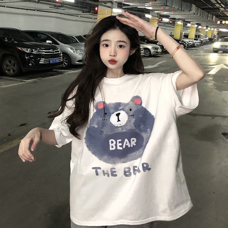 Áo Thun Tay Ngắn Dáng Rộng In Hình Gấu Kiểu Hàn Quốc Dễ Thương Cho Học Sinh
