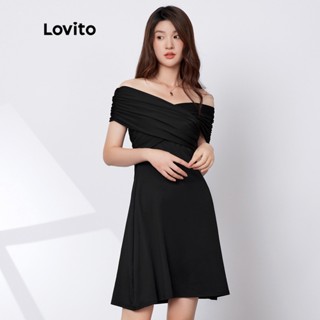 Đầm Lovito dáng chữ A tùng xoè trễ vai màu trơn thường ngày L29AD034 (màu đen)