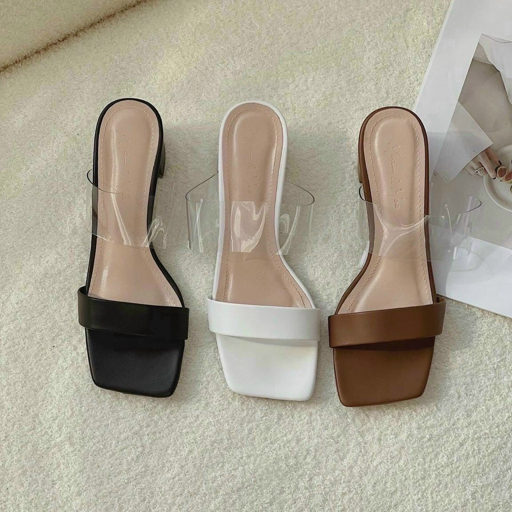 GUỐC QUAI MICA PHA DA ĐEN NUDE GÓT TRỤ BỌC DA - 5P