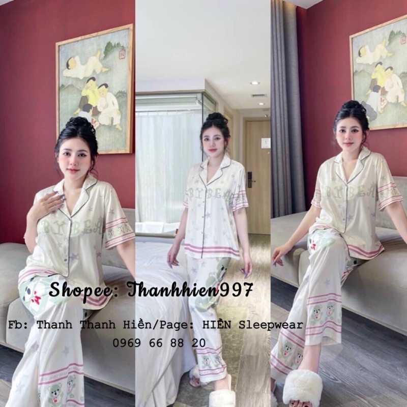 🌵Hàng QC🌵Pijama cộc dài gấu bóng xanh mulisi_Thanhhien997_Bộ đồ lụa xước Form to, mền mịn mát, Form cứng cáp 149.