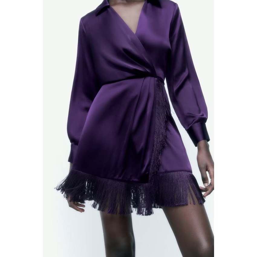 Zara Đầm Lụa satin Phối Tua Rua Thời Trang Mùa Thu Cho Nữ 2081845