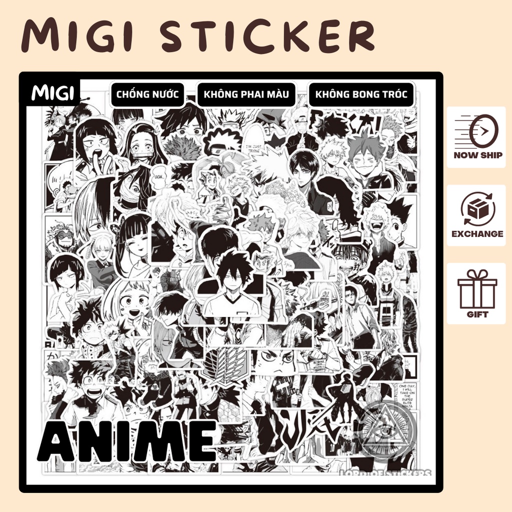 Set 100 Sticker Hình Nhân Vật Anime- Manga Đen Trắng, Chống nước, Không phai Trang Trí Mũ Bảo Hiểm, Laptop, Điện Thoại