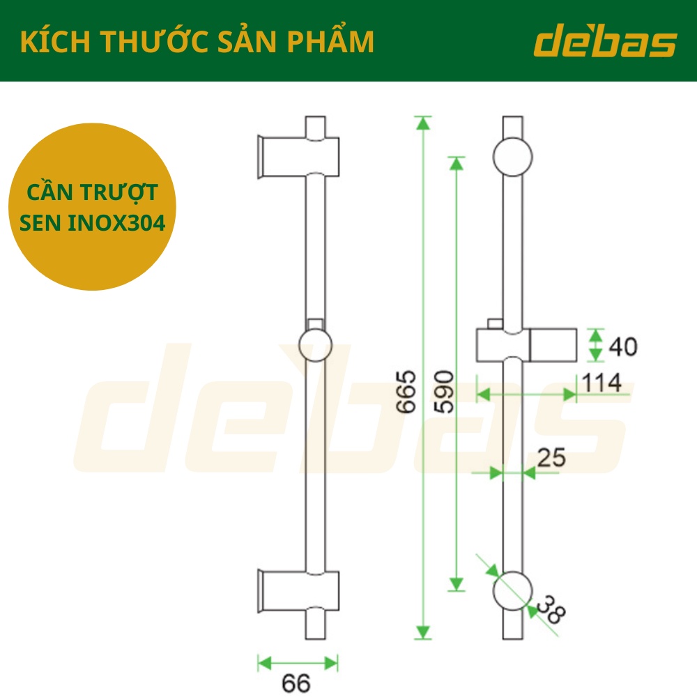 Thanh trượt tay sen điều chỉnh vòi hoa sen tắm inox 304 lên xuống cao cấp cần trượt tay sen tròn sen vuông Debas