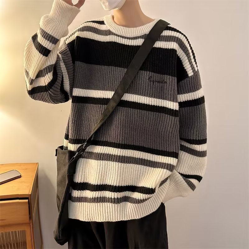 Áo Sweater Dệt Kim Tay Dài Cổ Tròn Họa Tiết Kẻ Sọc Thời Trang Thu Đông 2022 Cho Nam