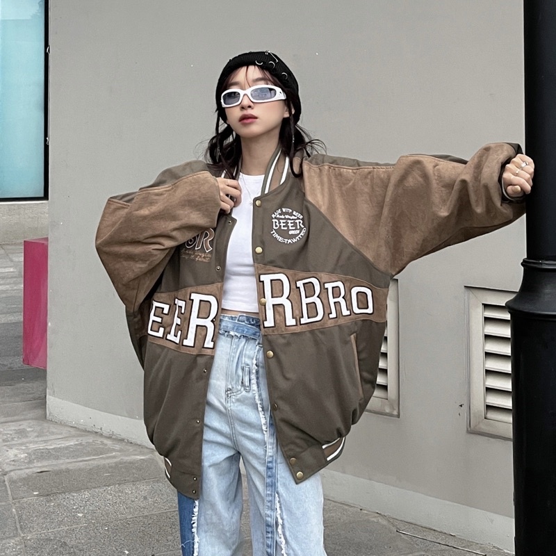 Áo khoác bomber Beer chất liệu kaki phối da lộn màu nâu xanh rêu cực độc
