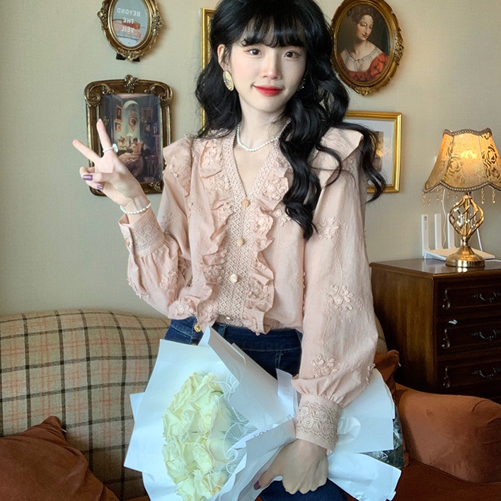 Áo Sơ Mi Phối Ren Ba Chiều Cao Cấp Thân Thiện Với Da Mùa Thu Phong Cách Retro Mới Dành Cho Nữ