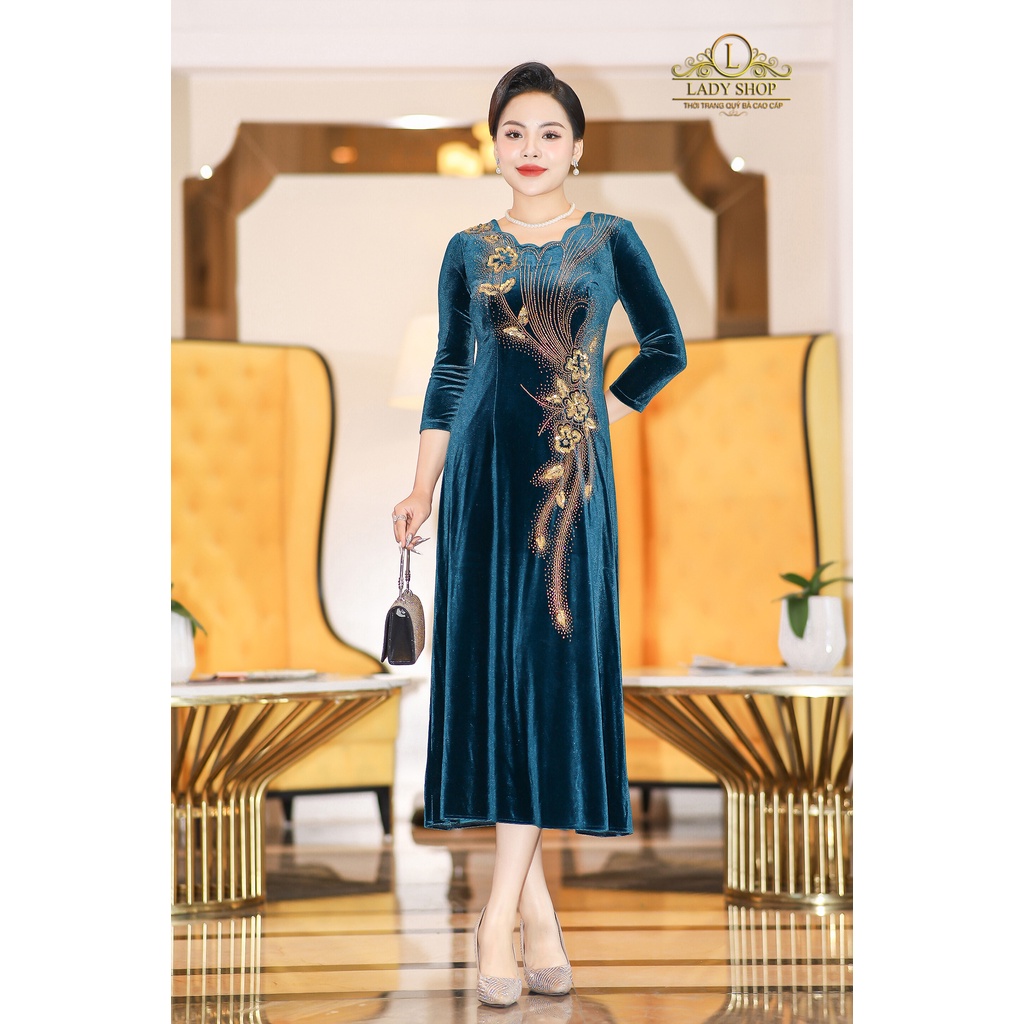 Đầm nhung cổ hoa kết đá eo Ladyshop thời trang trung niên cao cấp T69