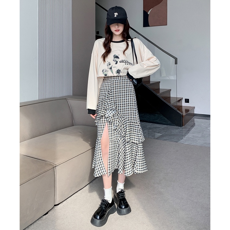 Chân váy đuôi cá MULTIPLICATION dáng dài thiết kế xẻ tà họa tiết kẻ sọc phong cách cổ điển thời trang xuân hè mới cho nữ