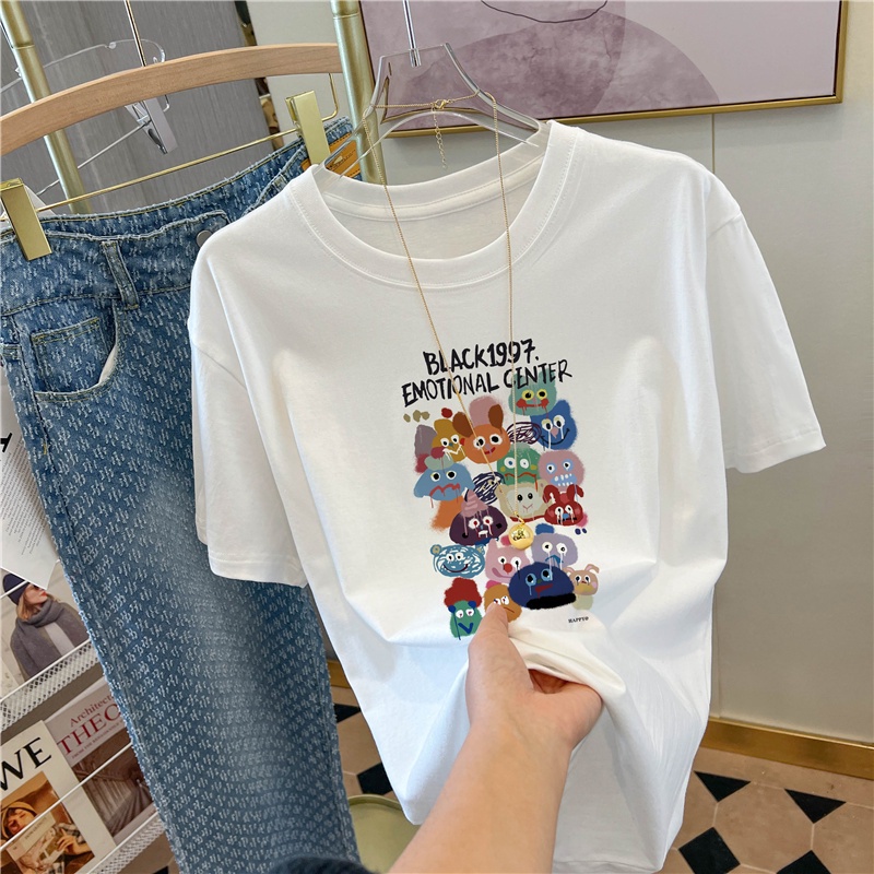 NRVP Áo Thun 100% Cotton Tay Ngắn Dáng Suông In Họa Tiết Hoạt Hình Phong Cách Hàn Quốc Thời Trang Unisex Size 5XL