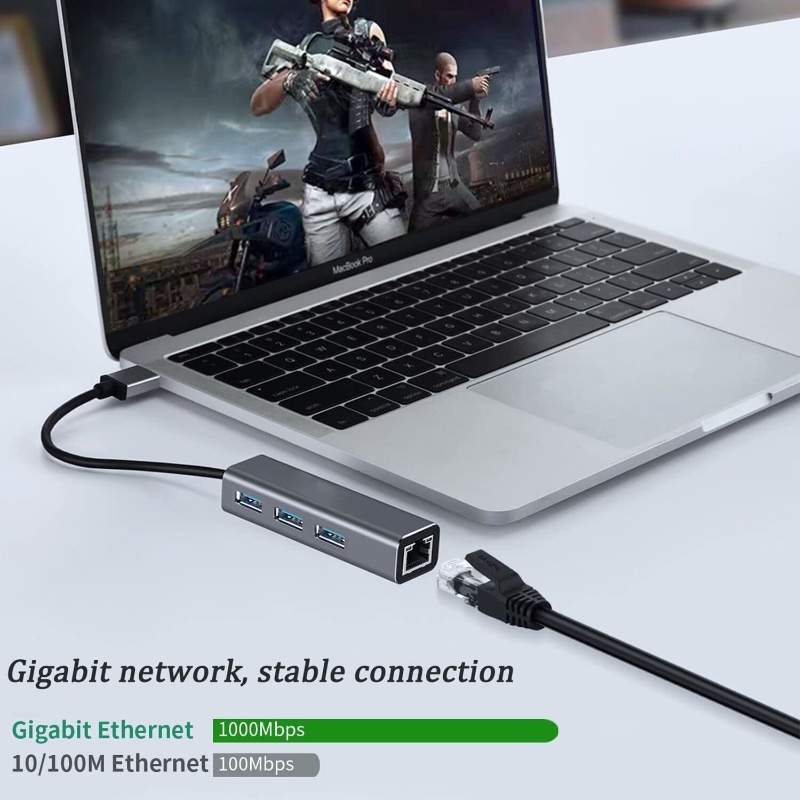 Đầu Chuyển Đổi USB type c Sang Ethernet 3 Cổng USB 3.0 RJ45 1000Mbps Lan Cho PC Windows Mac OS / type c | BigBuy360 - bigbuy360.vn