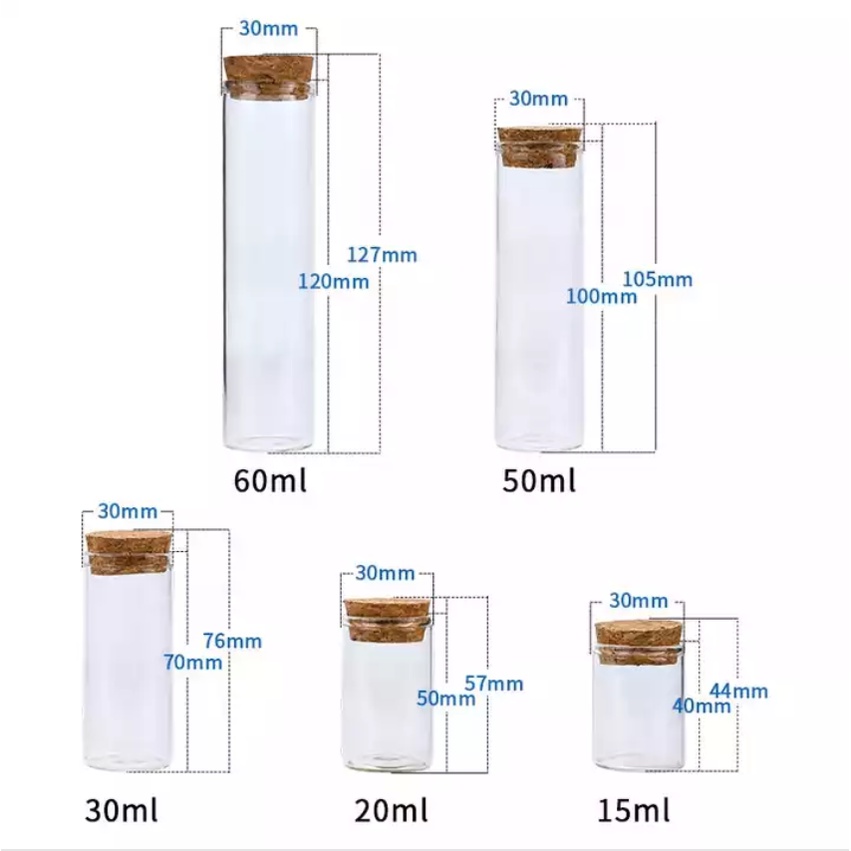 U00407 3*10cm- Ống thủy tinh, nút bần, đáy bằng đựng saffron, đông trùng hạ thảo,...