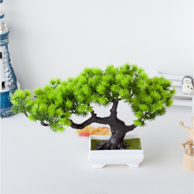 Chậu Cây Thông Xanh Bonsai Giả Để Bàn, trang trí kệ treo tường, giá sách, decor