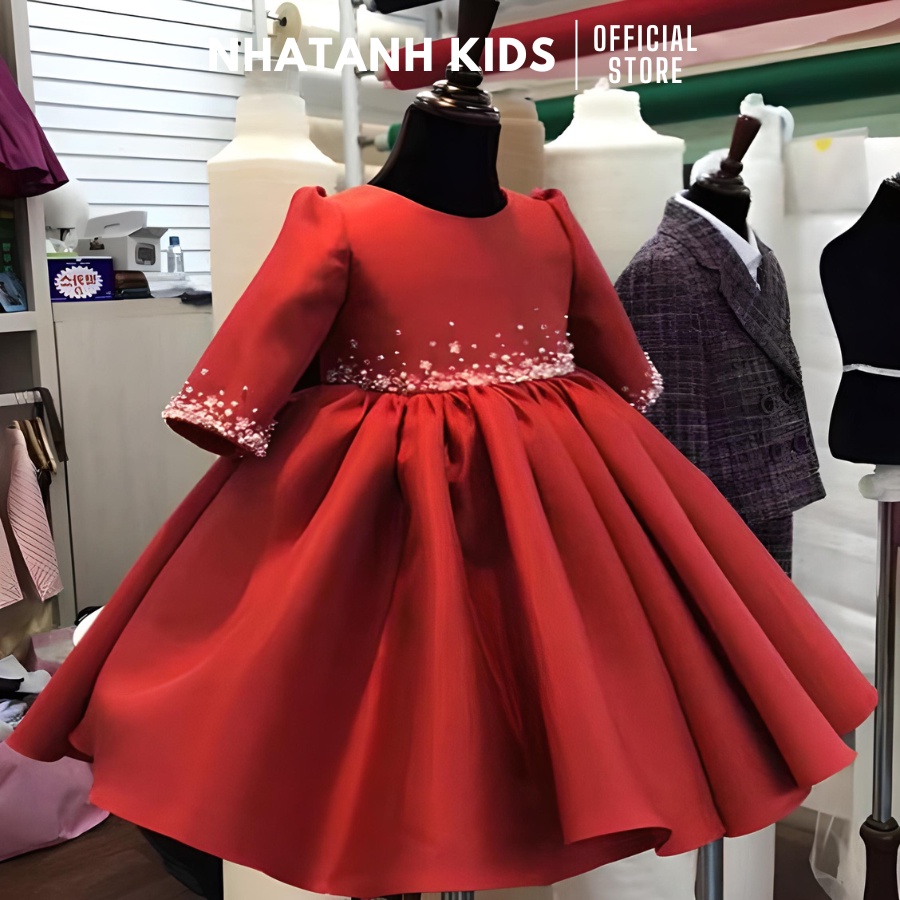 Váy trẻ em NHATANH KIDS màu đỏ tay dài đính ngôi sao cho bé hợp các dịp lễ từ 0-12 tuổi NA13