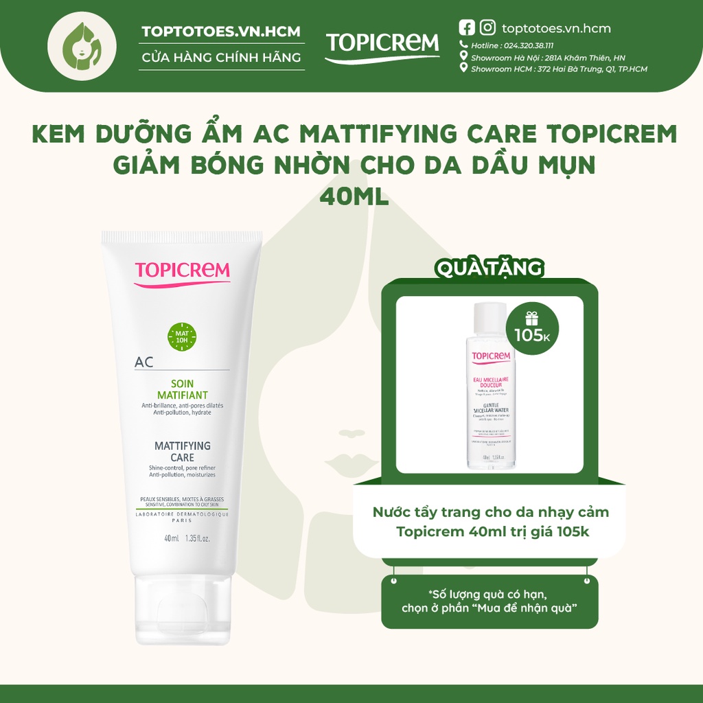 Kem dưỡng ẩm AC Mattifying care Topicrem giảm bóng nhờn cho da dầu mụn 40ml