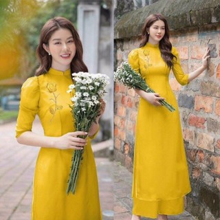 Set áo dài truyền thống 4 tà thêu hoa siêu đẹp