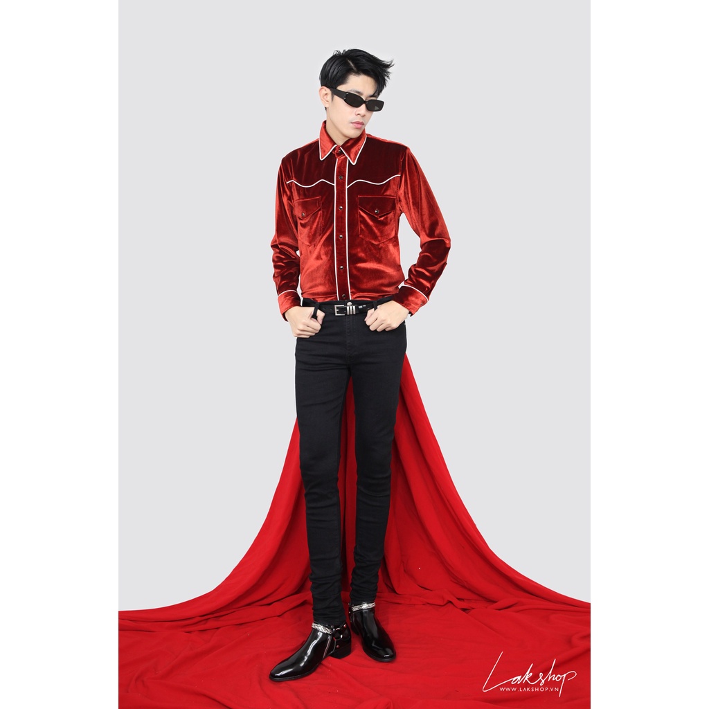 Áo sơmi nhung đỏ Lak Studios Black Velvet Western Shirt