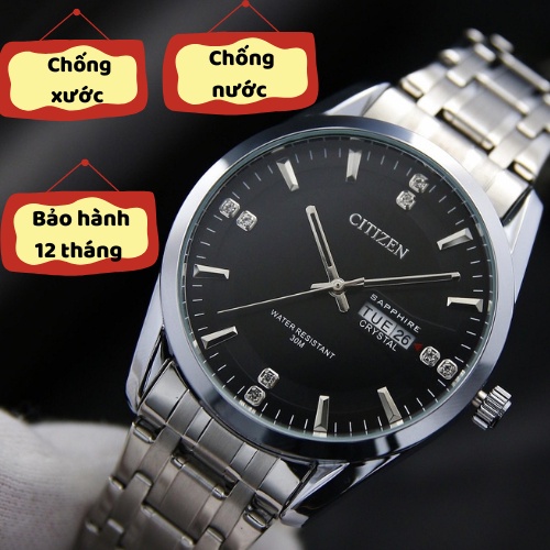 Đồng Hồ Nam dây thép Citiren có lịch ngày tháng, đồng hồ kim loại nam mặt đen trắng, đồng hồ thời trang nam vip