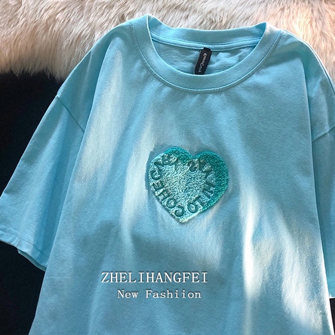 ZHELIHANGFEI Áo Thun Tay Ngắn Form Rộng Họa Tiết Thêu Theo Phong Cách Preppy