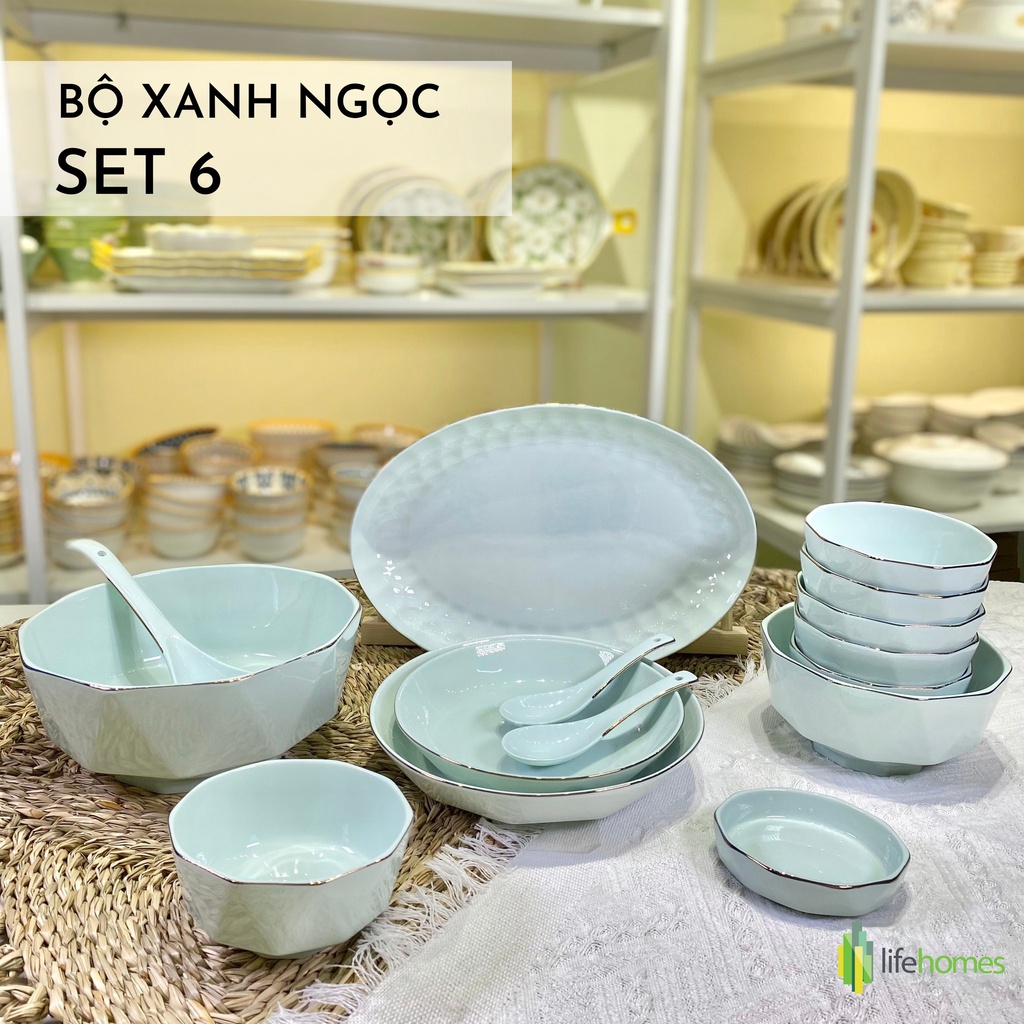 Bộ bát đĩa gốm sứ Xanh Ngọc đa cạnh Lifehomes Decor , Set chén tô ăn cơm cao cấp phong cách Châu Âu