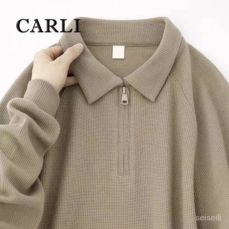 CARLI Áo Thun polo Tay Dài Dáng Rộng Một Nửa Có Khóa Kéo Đơn Giản Phong Cách Mới Mùa Thu Hợp Thời Trang Cho