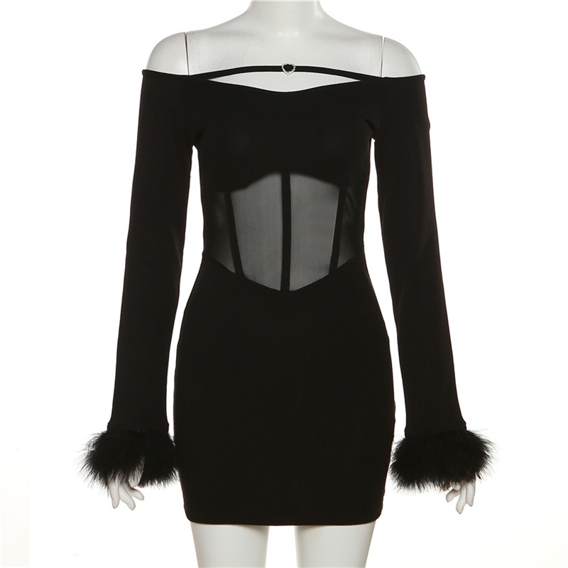 Weird Puss Đầm Ôm Dáng Hở Vai Phối Lưới Xương Cá Thiết Kế Mỏng Cho Nữ